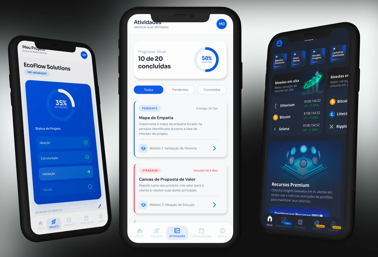 Celulares com um aplicativo de gestão de atividades: progresso de 10 de 20 tarefas concluídas e cards de etapas como Mapa de Empatia e Canvas de Proposta de Valor.