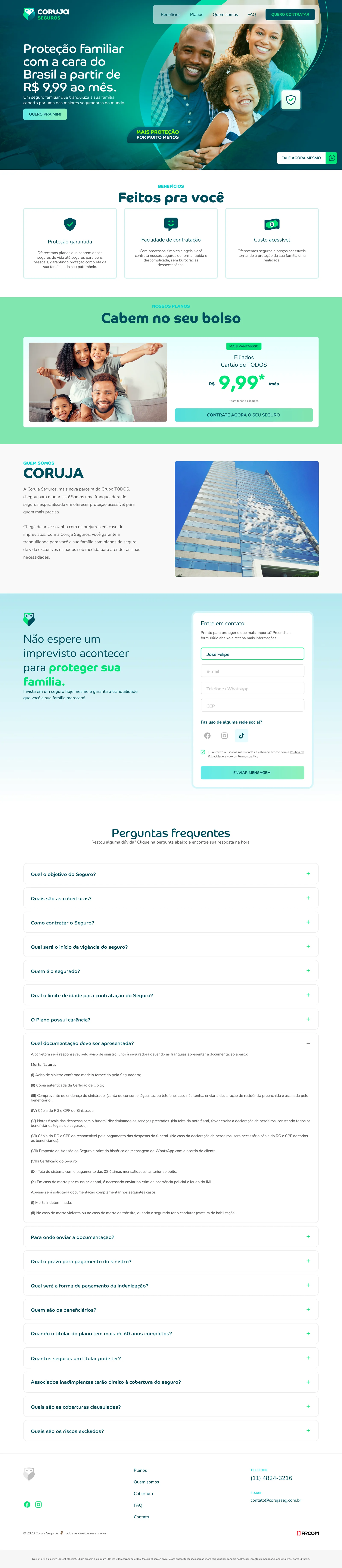 Página inteira da landing page da Coruja Seguros: família sorrindo no topo, benefícios, planos a partir de R$ 9,99 por mês, formulário de cotação, perguntas frequentes e rodapé.