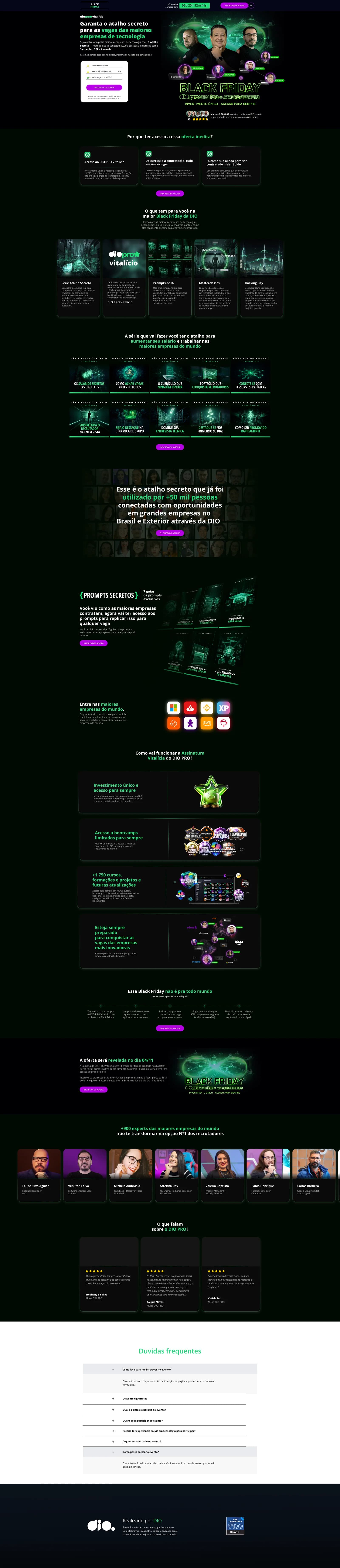 Página inteira da landing page de Black Friday da DIO, em verde sobre preto, com especialistas convidados, benefícios do plano, depoimentos e perguntas frequentes.