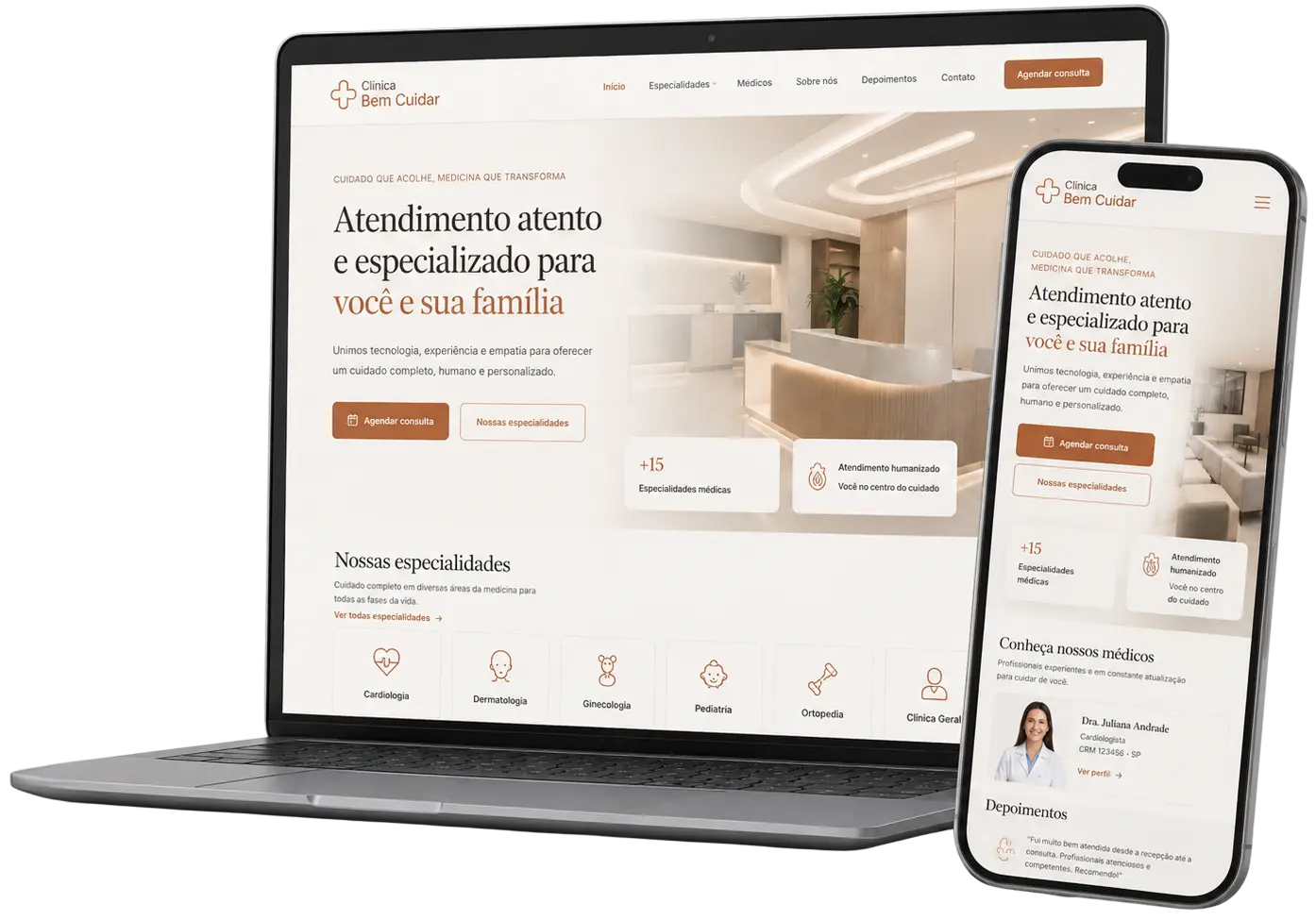 Site de uma clínica médica exibido em notebook e celular, com página inicial, especialidades e perfil de médica.